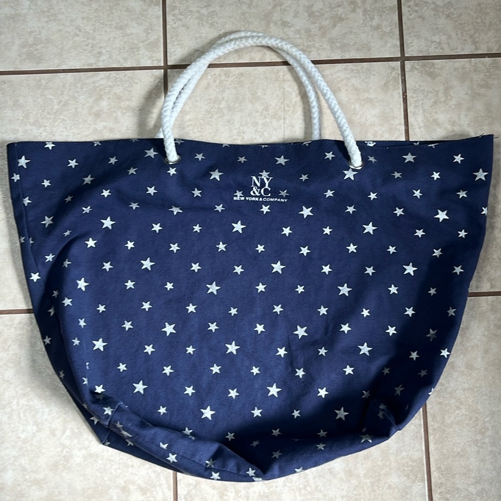 New York and Company tote, blue with silver stars and white handles